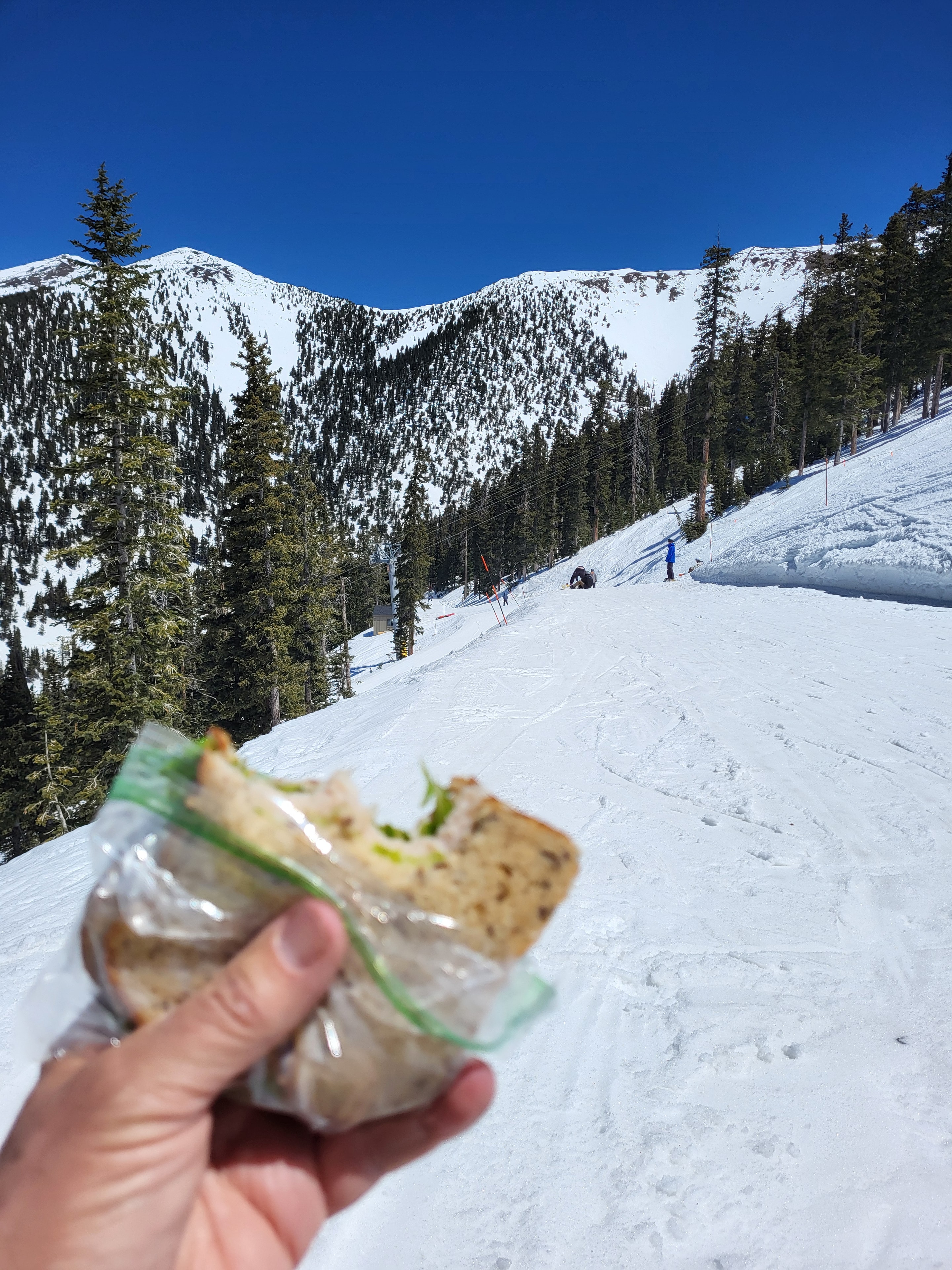 Lunch at The Office — sandwich on the mountain slope