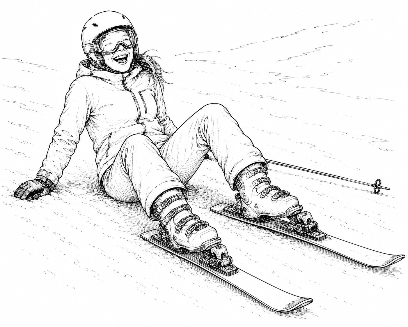 Skier sitting on the slope laughing, ski bindings visible — pen and ink illustration